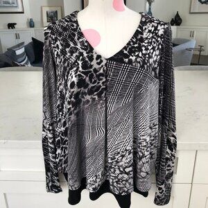 Joseph Ribkoff Lg Slv V Neck Layered Abstract Print Flowy Top Blk Grey Wht Sz 2